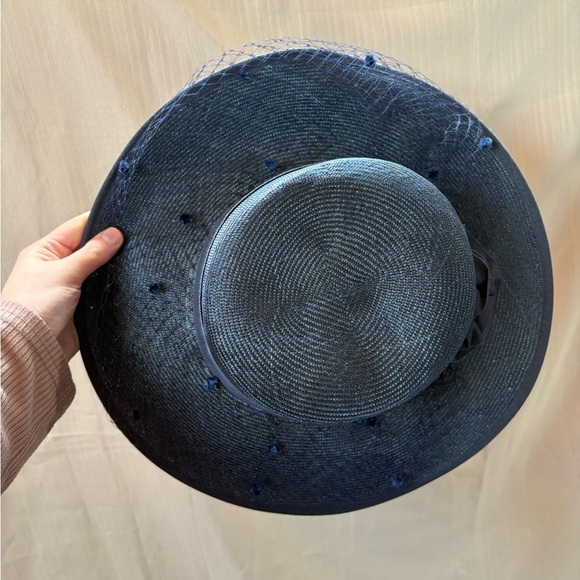 Vintage Summer‎ Navy Blue Woven Fishnet Veil Boater Hat - Picture 2 of 8